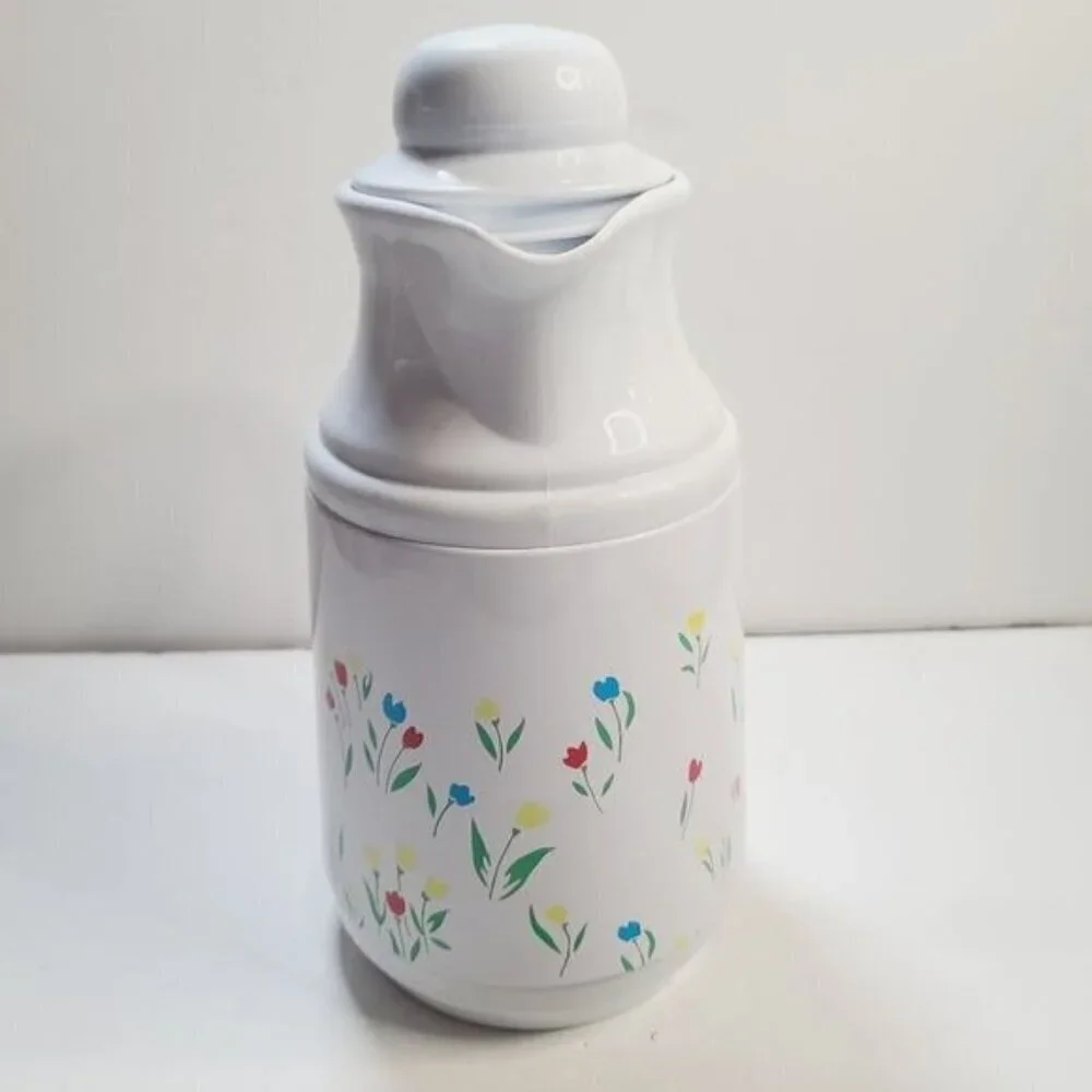 Vintage 80s Phoenix Insulated Thermal Carafate White Floral Tulip with Lid